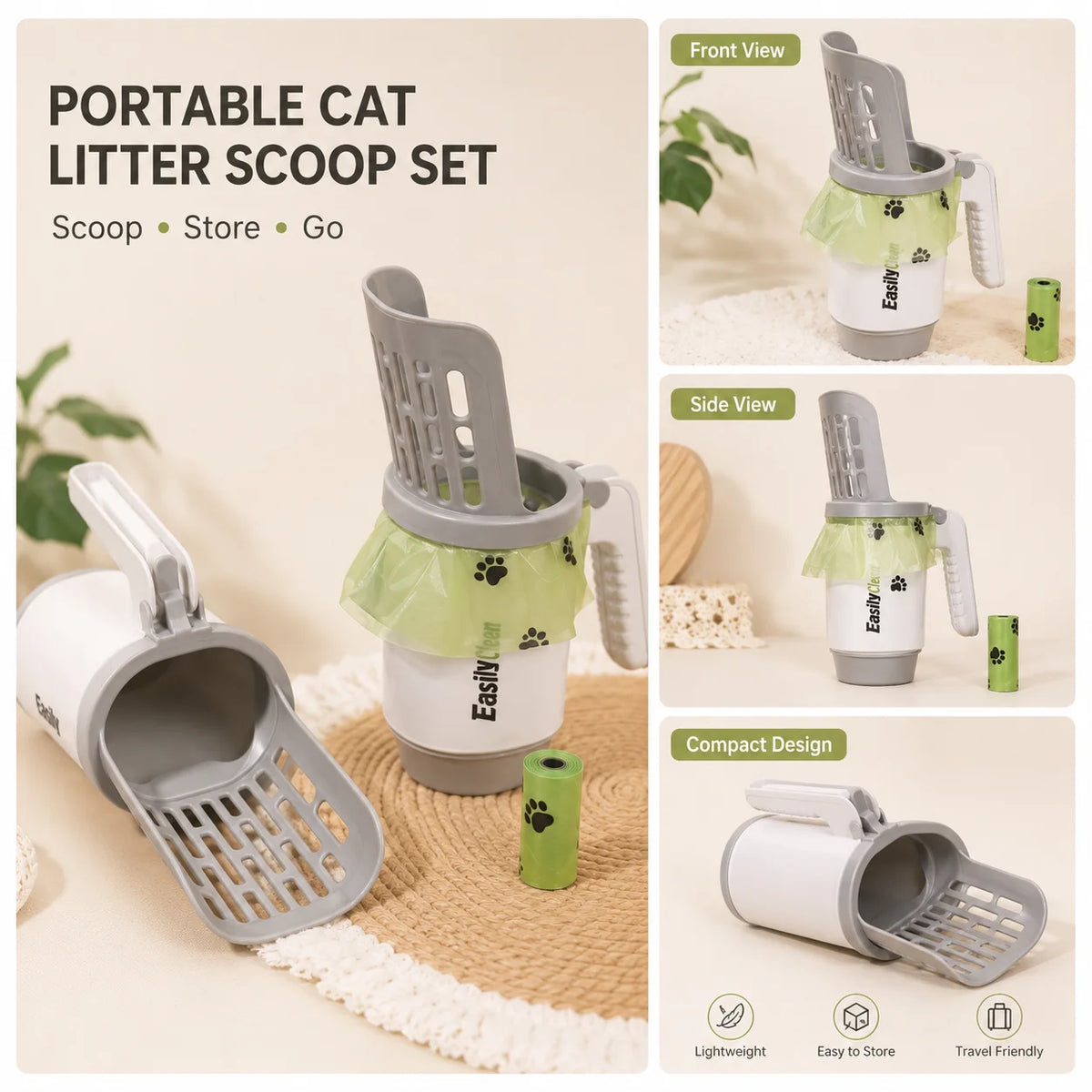 Large-Capacity Cat Litter Scoop with Integrated Waste Bin – Portable, Easy-to-Clean Plastic Pet Waste Scoop