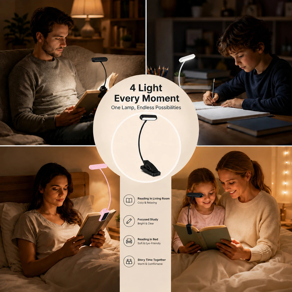2PCS LED USB Rechargeable Book Light 3 Color Modes Warm Cool White Daylight Portable Adjustable Flexible Gooseneck Sturdy Clip On Reading Lamp