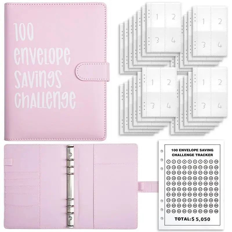 100 Envelope Savings Challenge Binder, Book with Envelopes, Leather, Cash Envelope Wallet for Budgeting & Financial Planning