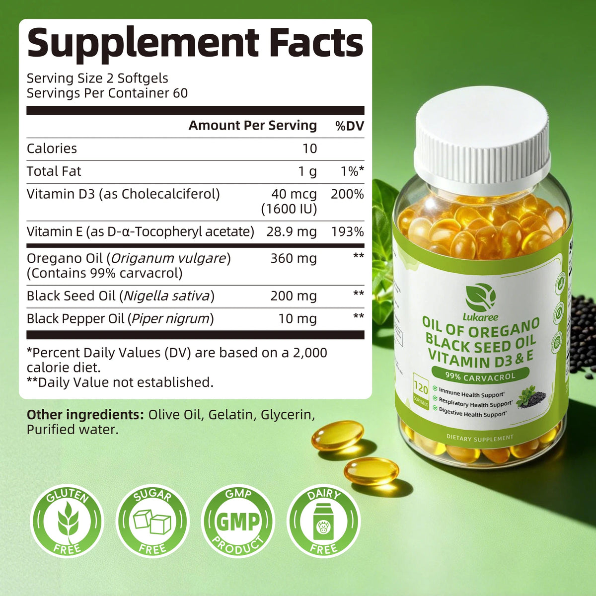 Oregano Oil Capsules with Black Seed Oil,Garlic Oil,Vitamin D3 E for Antioxidant,Immune & Digestive Support Non GMO