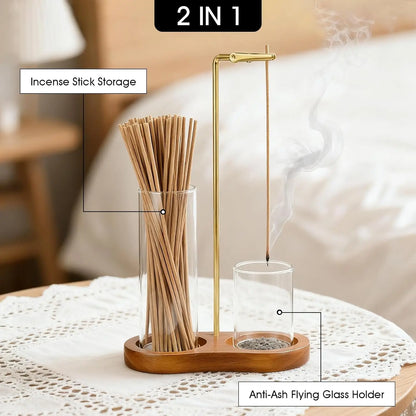2 in 1 Incense Holder for Sticks, Anti-Ash Flying Incense Burne with Glass Ash Catcher and Incense Sticks Organizer for Meditation Yoga Spa Home Decor