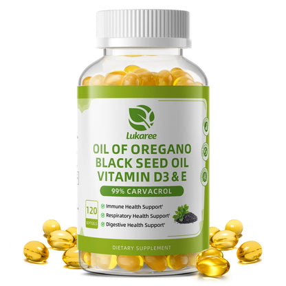 Oregano Oil Capsules with Black Seed Oil,Garlic Oil,Vitamin D3 E for Antioxidant,Immune & Digestive Support Non GMO