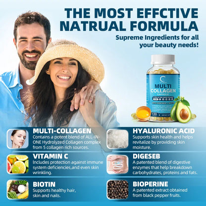 Collagen Capsules with Hyaluronic Acid ,Biotin and Vitamin C for Hair,Skin,Nails for Women & Men Anti-Aging Support Immune System and Digestive Health