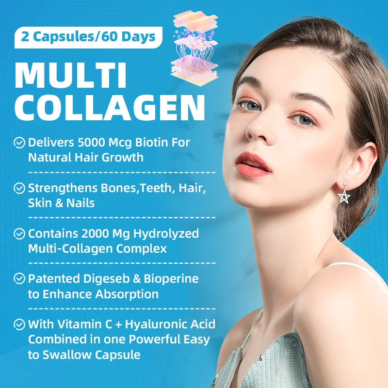 Collagen Capsules with Hyaluronic Acid ,Biotin and Vitamin C for Hair,Skin,Nails for Women & Men Anti-Aging Support Immune System and Digestive Health