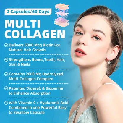Collagen Capsules with Hyaluronic Acid ,Biotin and Vitamin C for Hair,Skin,Nails for Women & Men Anti-Aging Support Immune System and Digestive Health
