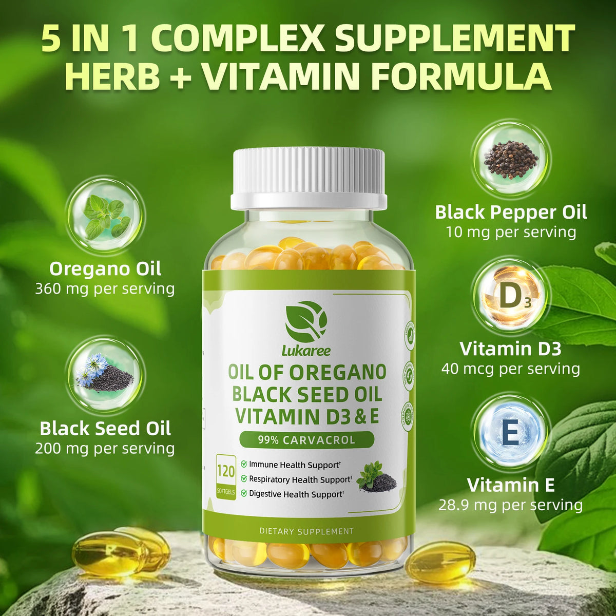 Oregano Oil Capsules with Black Seed Oil,Garlic Oil,Vitamin D3 E for Antioxidant,Immune & Digestive Support Non GMO