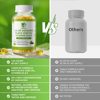 Oregano Oil Capsules with Black Seed Oil,Garlic Oil,Vitamin D3 E for Antioxidant,Immune & Digestive Support Non GMO