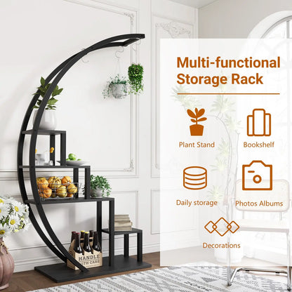 Heavy Duty 5-Tier Half Moon Metal Plant Stand With Hanging Hooks Rustproof Tall Rack W/ Multiple Space-Saving Flower Pot Shelf Display Stand For Indoor Outdoor