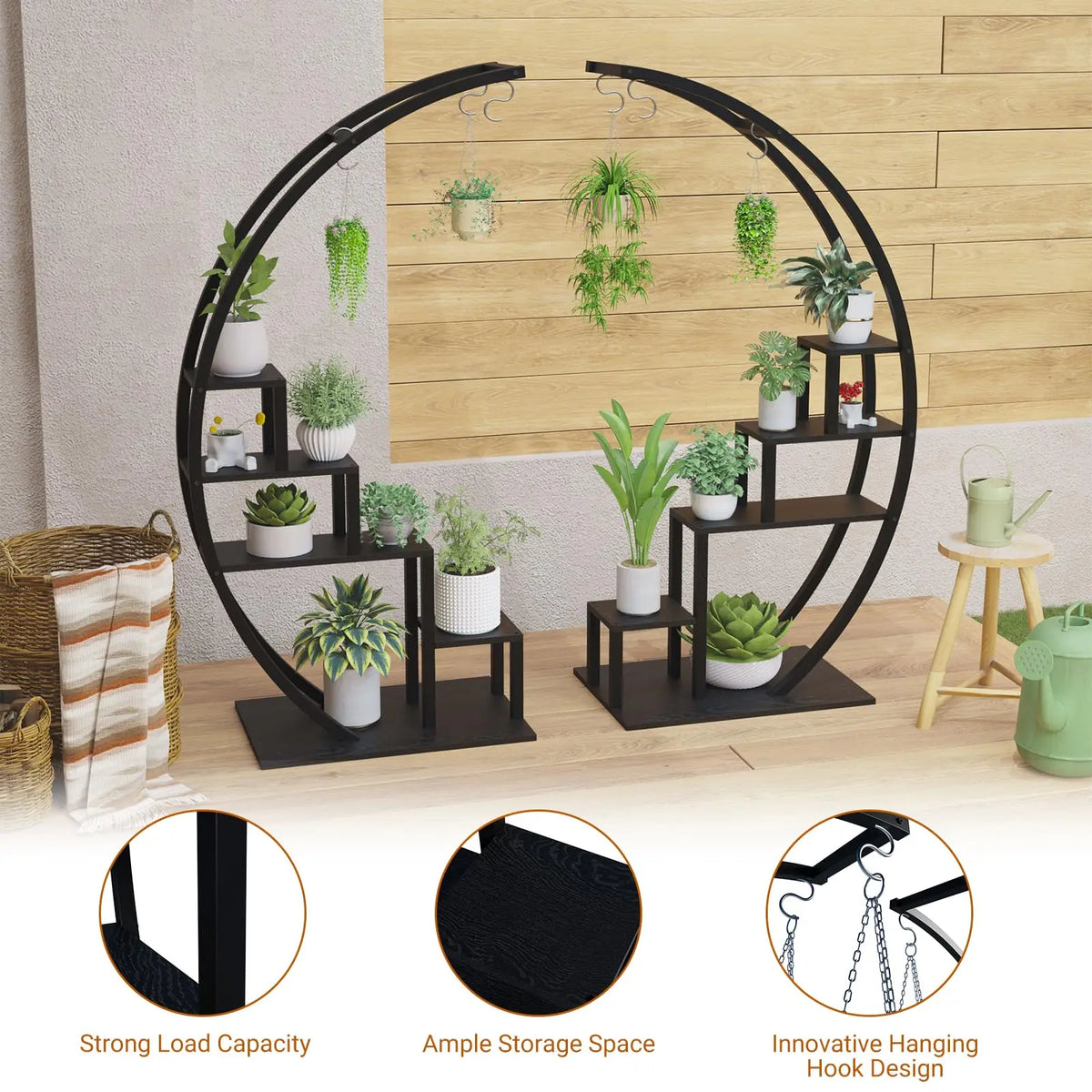 Heavy Duty 5-Tier Half Moon Metal Plant Stand With Hanging Hooks Rustproof Tall Rack W/ Multiple Space-Saving Flower Pot Shelf Display Stand For Indoor Outdoor