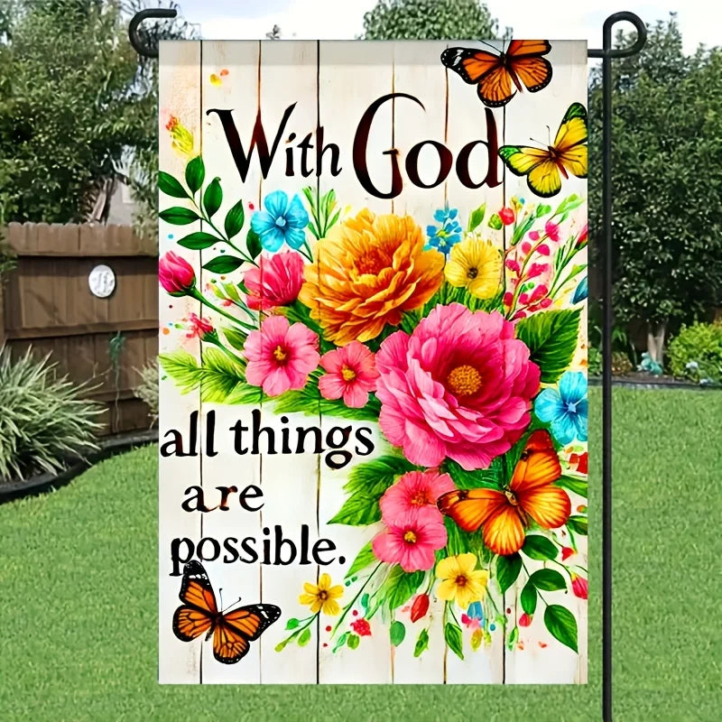 God Garden Flag, Suitable For Gardens, Lawns, Linen Imitation Wood-Patterned Flower, Home Decoration