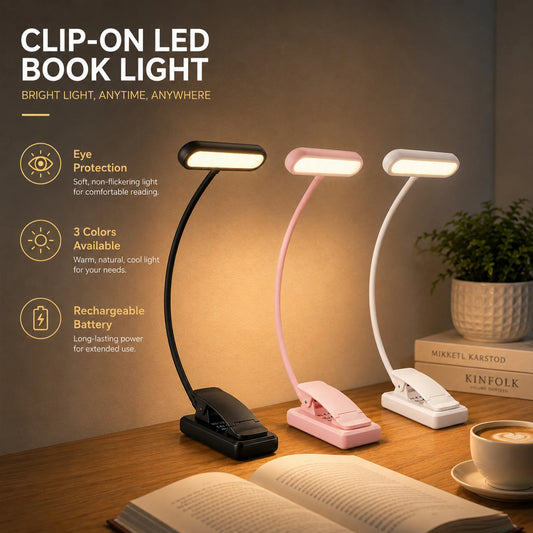 2PCS LED USB Rechargeable Book Light 3 Color Modes Warm Cool White Daylight Portable Adjustable Flexible Gooseneck Sturdy Clip On Reading Lamp