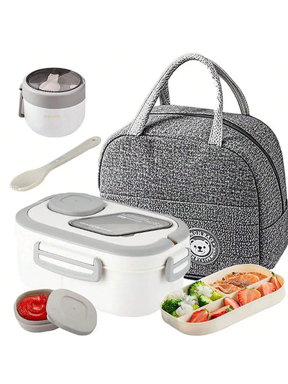 2-Layer Multi-Compartment Lunch Box Set: Lunch Box + Cup + Bag. Includes Cutlery And Sauce Container