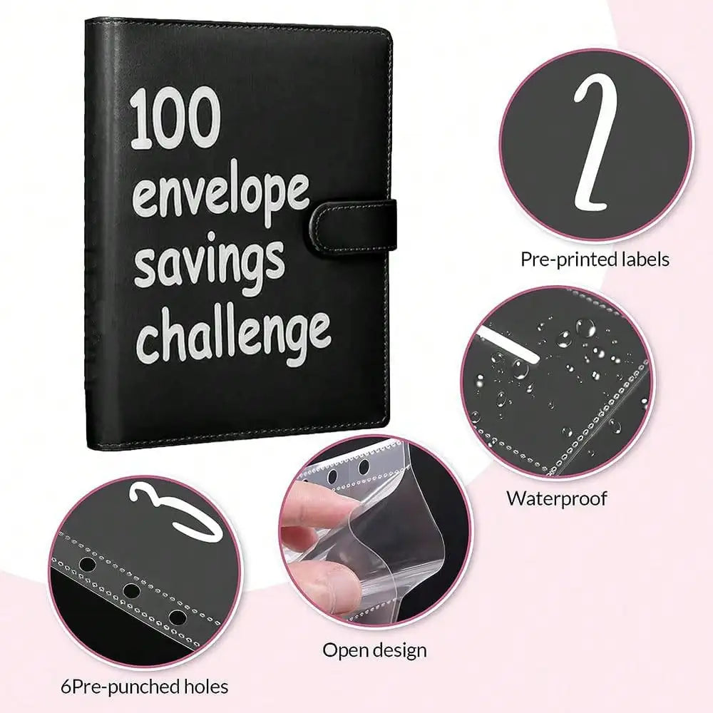 100 Envelope Savings Challenge Binder, Book with Envelopes, Leather, Cash Envelope Wallet for Budgeting & Financial Planning
