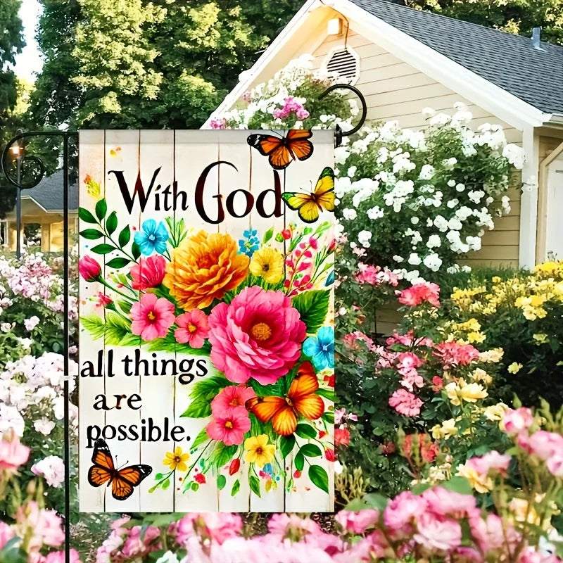 God Garden Flag, Suitable For Gardens, Lawns, Linen Imitation Wood-Patterned Flower, Home Decoration