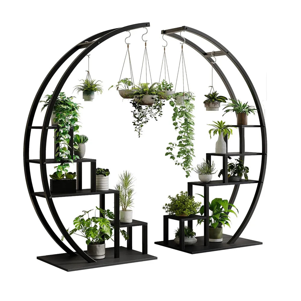 Heavy Duty 5-Tier Half Moon Metal Plant Stand With Hanging Hooks Rustproof Tall Rack W/ Multiple Space-Saving Flower Pot Shelf Display Stand For Indoor Outdoor