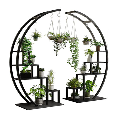 Heavy Duty 5-Tier Half Moon Metal Plant Stand With Hanging Hooks Rustproof Tall Rack W/ Multiple Space-Saving Flower Pot Shelf Display Stand For Indoor Outdoor