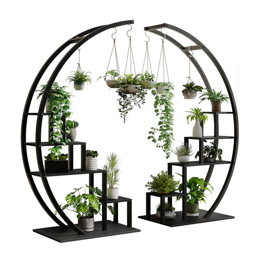 Heavy Duty 5-Tier Half Moon Metal Plant Stand With Hanging Hooks Rustproof Tall Rack W/ Multiple Space-Saving Flower Pot Shelf Display Stand For Indoor Outdoor
