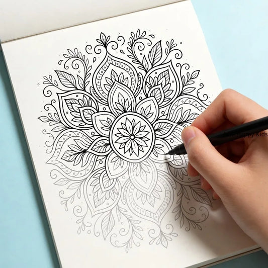 24 Page Adult Themed Coloring and Tracing Book, Featuring Symmetrical Flower Leaves, Mandalas, Space, Flowers, and Other Themes