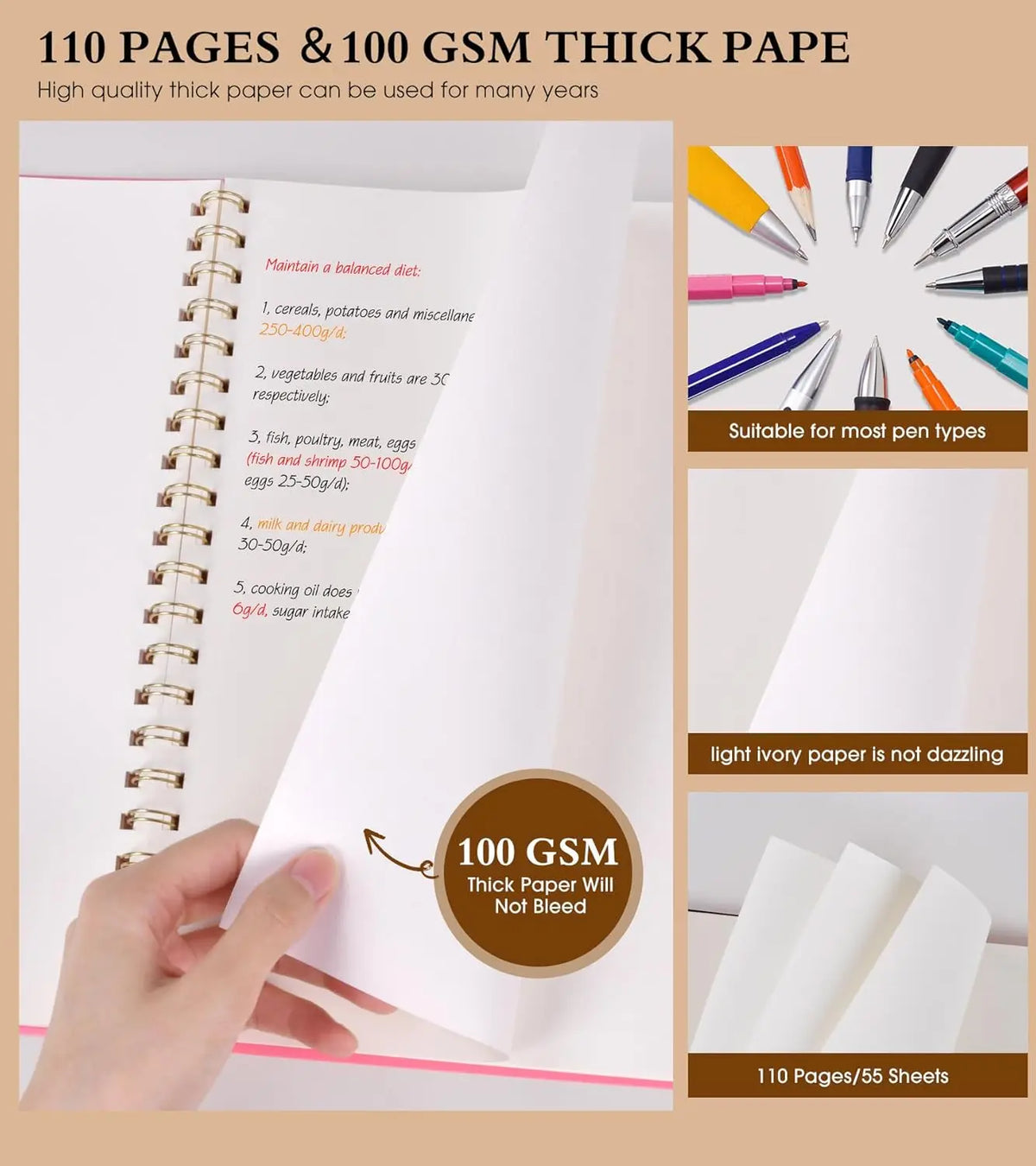 A4 Blank Spiral Notebook 8.5x11 Pink Sketchbook, 100 GSM Thick Paper Drawing Journal for Women Men, Plastic Hardcover