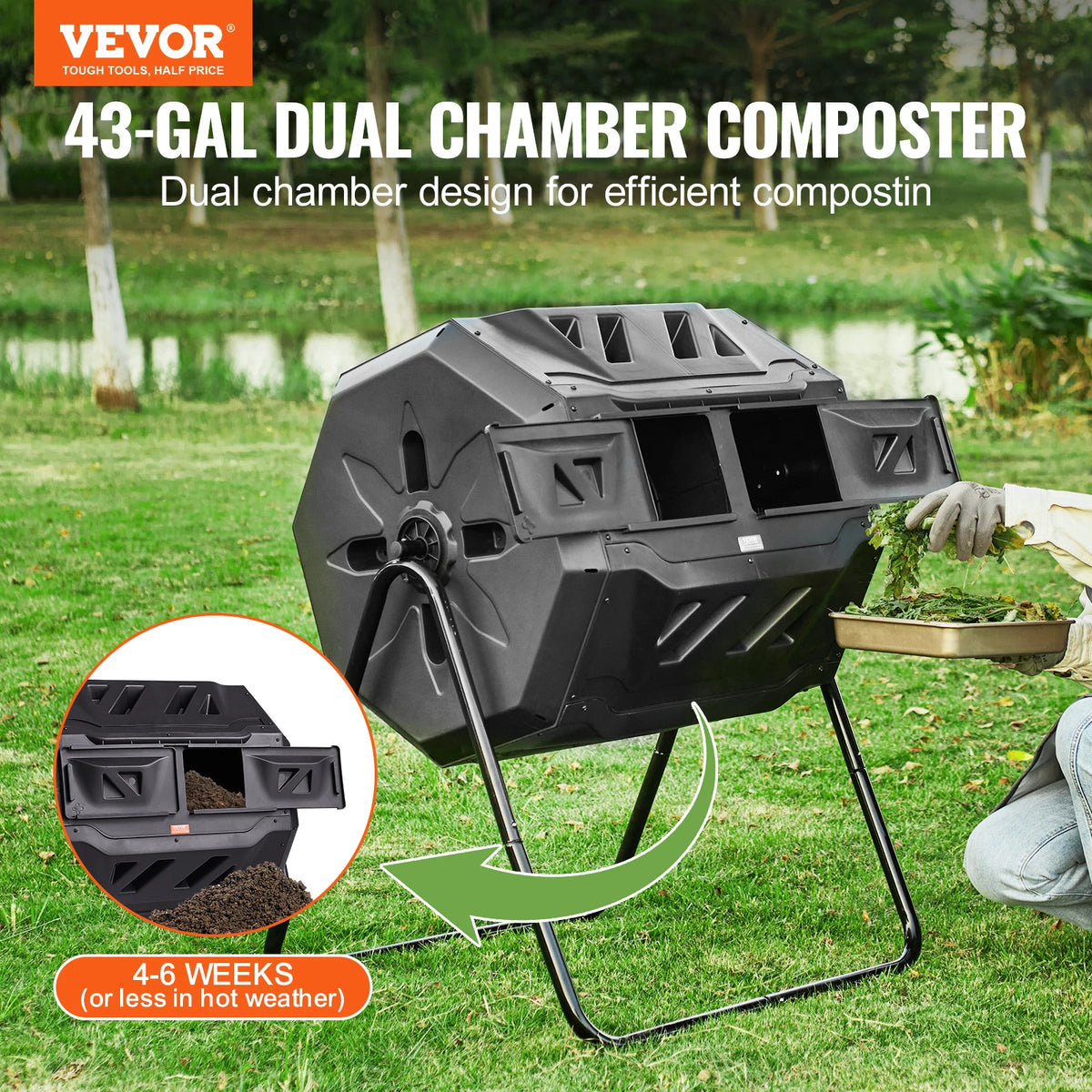 Compost Bin 18.5/37/43Gal Dual Chamber Composting Tumbler BPA FreeComposter Bin for Garden Kitchen Yard Outdoor