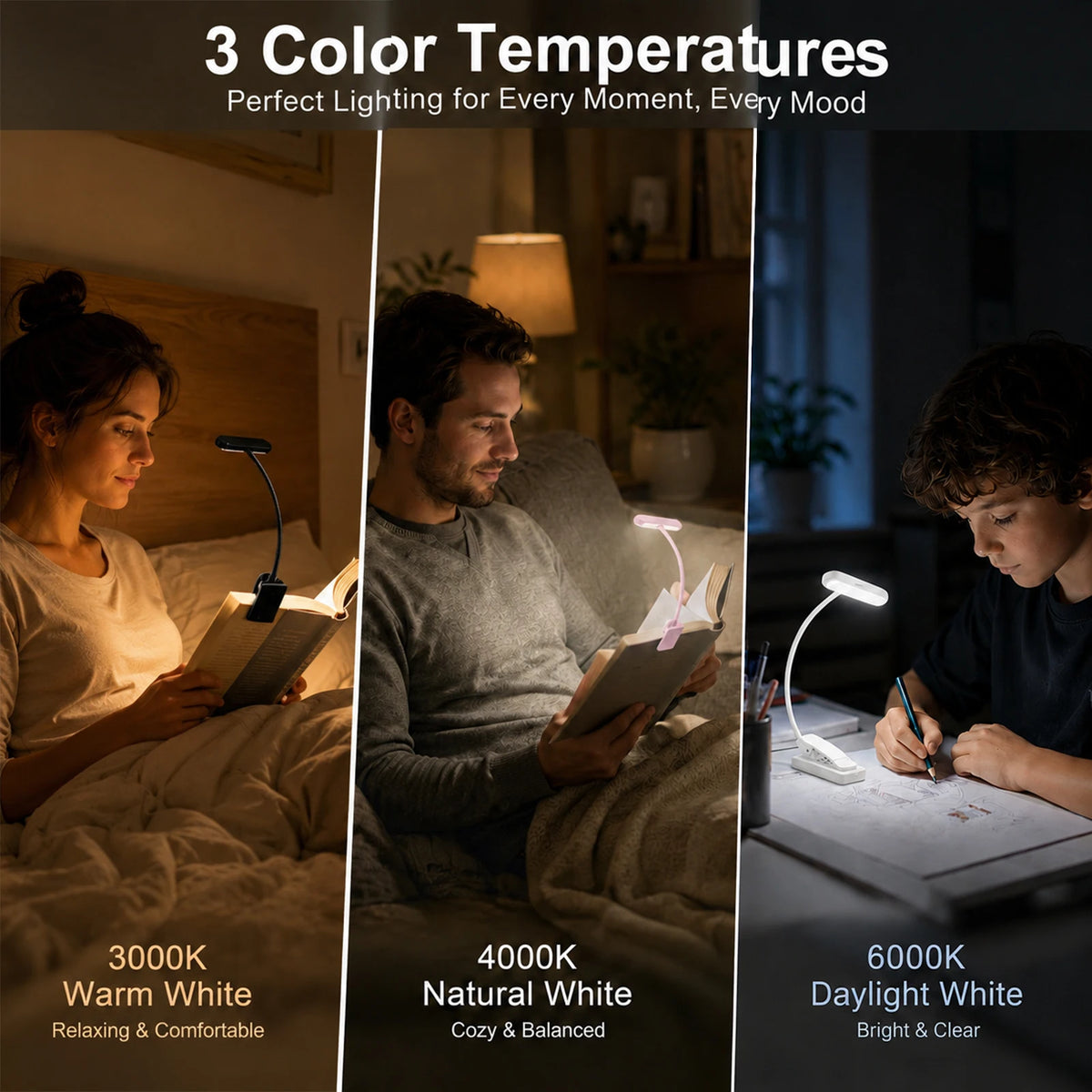 2PCS LED USB Rechargeable Book Light 3 Color Modes Warm Cool White Daylight Portable Adjustable Flexible Gooseneck Sturdy Clip On Reading Lamp