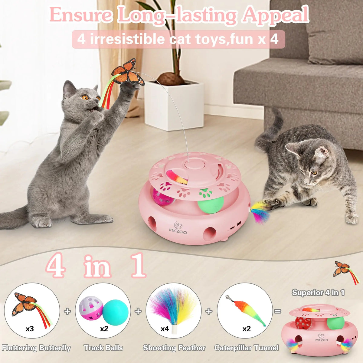 4-in-1 Interactive Cat Toys for Indoor, Automatic 6 Holes Mice Whack-A-Mole, Fluttering Butterfly, Track Balls, USB
