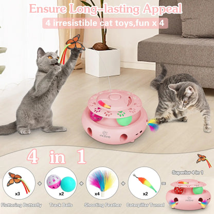 4-in-1 Interactive Cat Toys for Indoor, Automatic 6 Holes Mice Whack-A-Mole, Fluttering Butterfly, Track Balls, USB