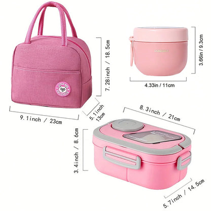 2-Layer Multi-Compartment Lunch Box Set: Lunch Box + Cup + Bag. Includes Cutlery And Sauce Container