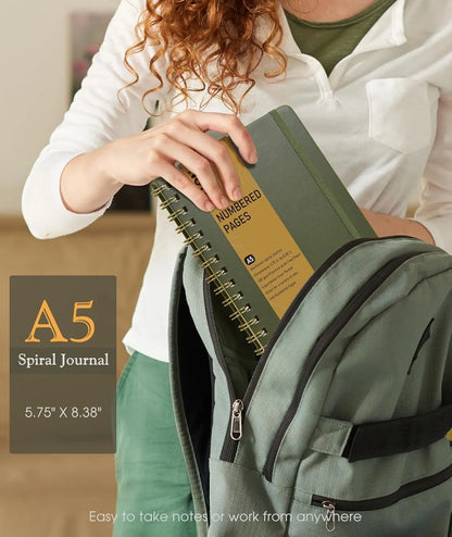 A5 Hardcover Spiral Journal Notebook, 150 Numbered Pages, 100 GSM College Ruled, Olive Green