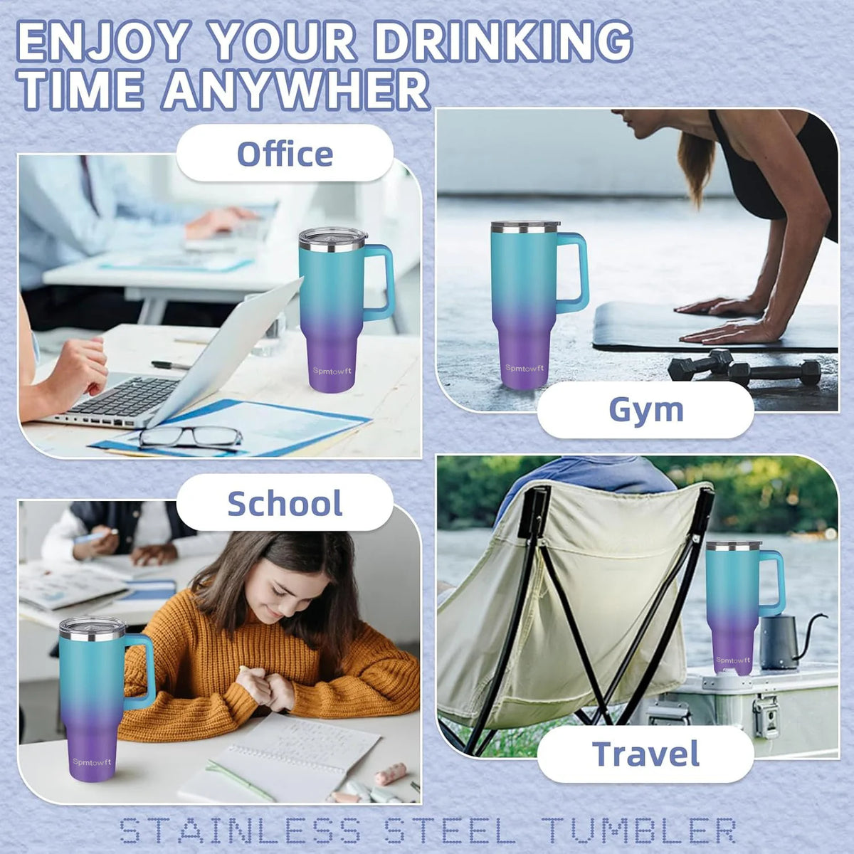 Sports 40oz Tumbler with Handle and 2 Straws, 2in 1 Lid Insulated Water Bottle Stainless Steel for Cold And Hot