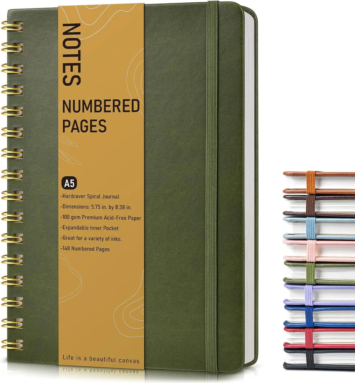 A5 Hardcover Spiral Journal Notebook, 150 Numbered Pages, 100 GSM College Ruled, Olive Green