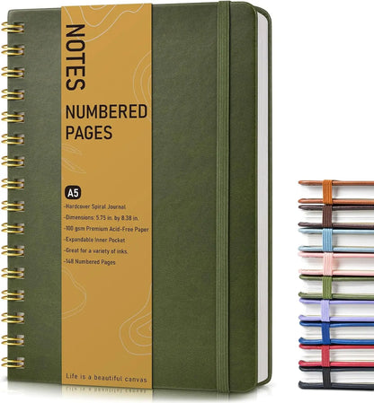 A5 Hardcover Spiral Journal Notebook, 150 Numbered Pages, 100 GSM College Ruled, Olive Green