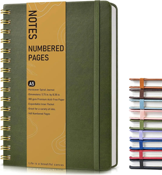A5 Hardcover Spiral Journal Notebook, 150 Numbered Pages, 100 GSM College Ruled, Olive Green
