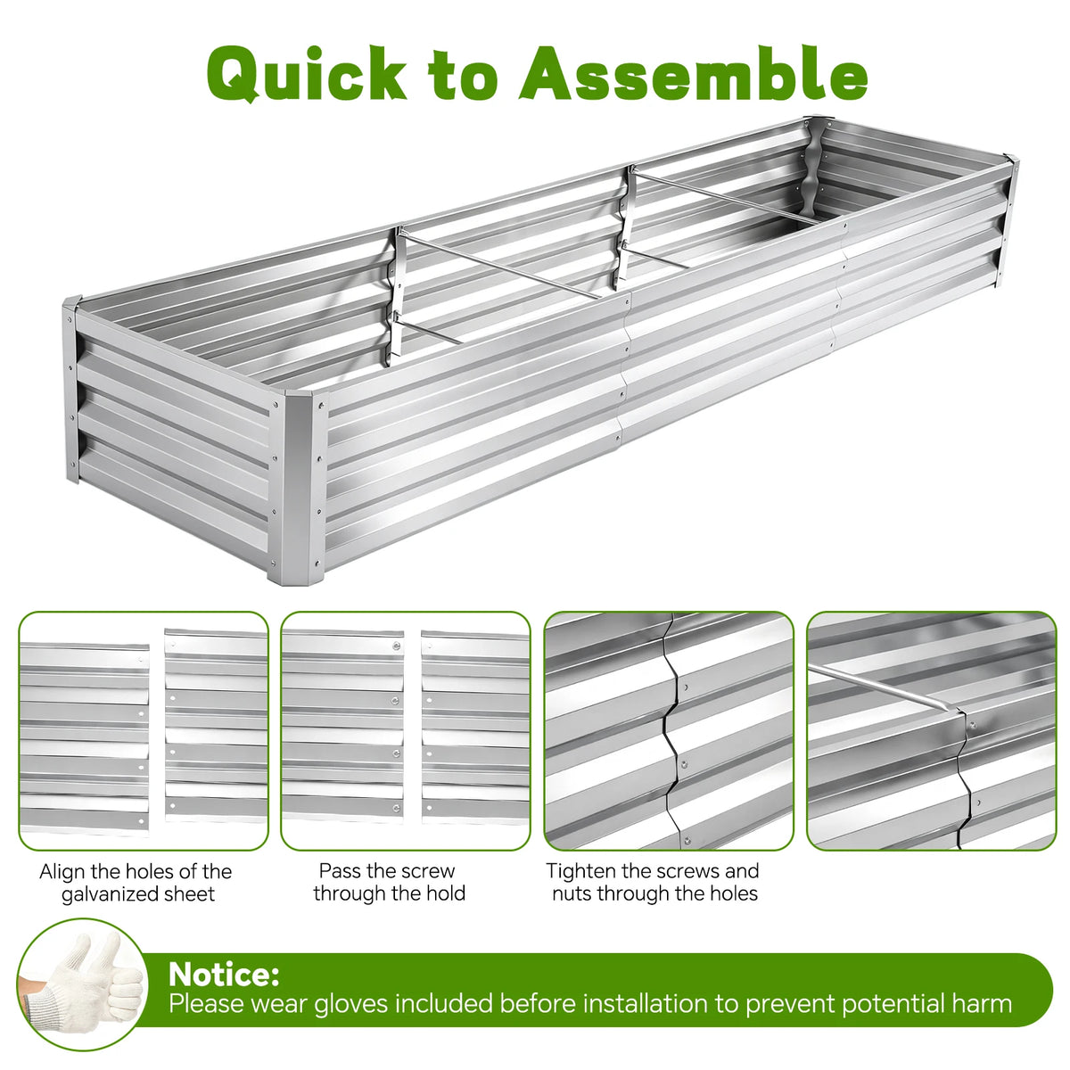 8×2×1ft Galvanized Metal Raised Garden Bed, 2FT Deep Root Elevated Planter Box Steel Large Vegetable Flower Bed Kit