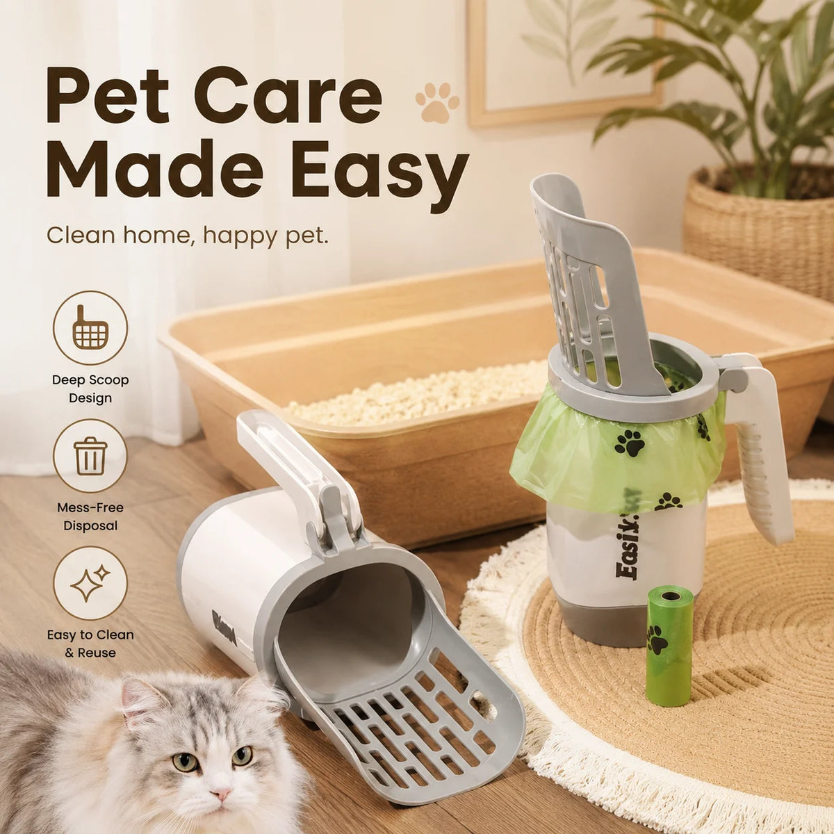 Large-Capacity Cat Litter Scoop with Integrated Waste Bin – Portable, Easy-to-Clean Plastic Pet Waste Scoop