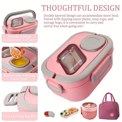 2-Layer Multi-Compartment Lunch Box Set: Lunch Box + Cup + Bag. Includes Cutlery And Sauce Container