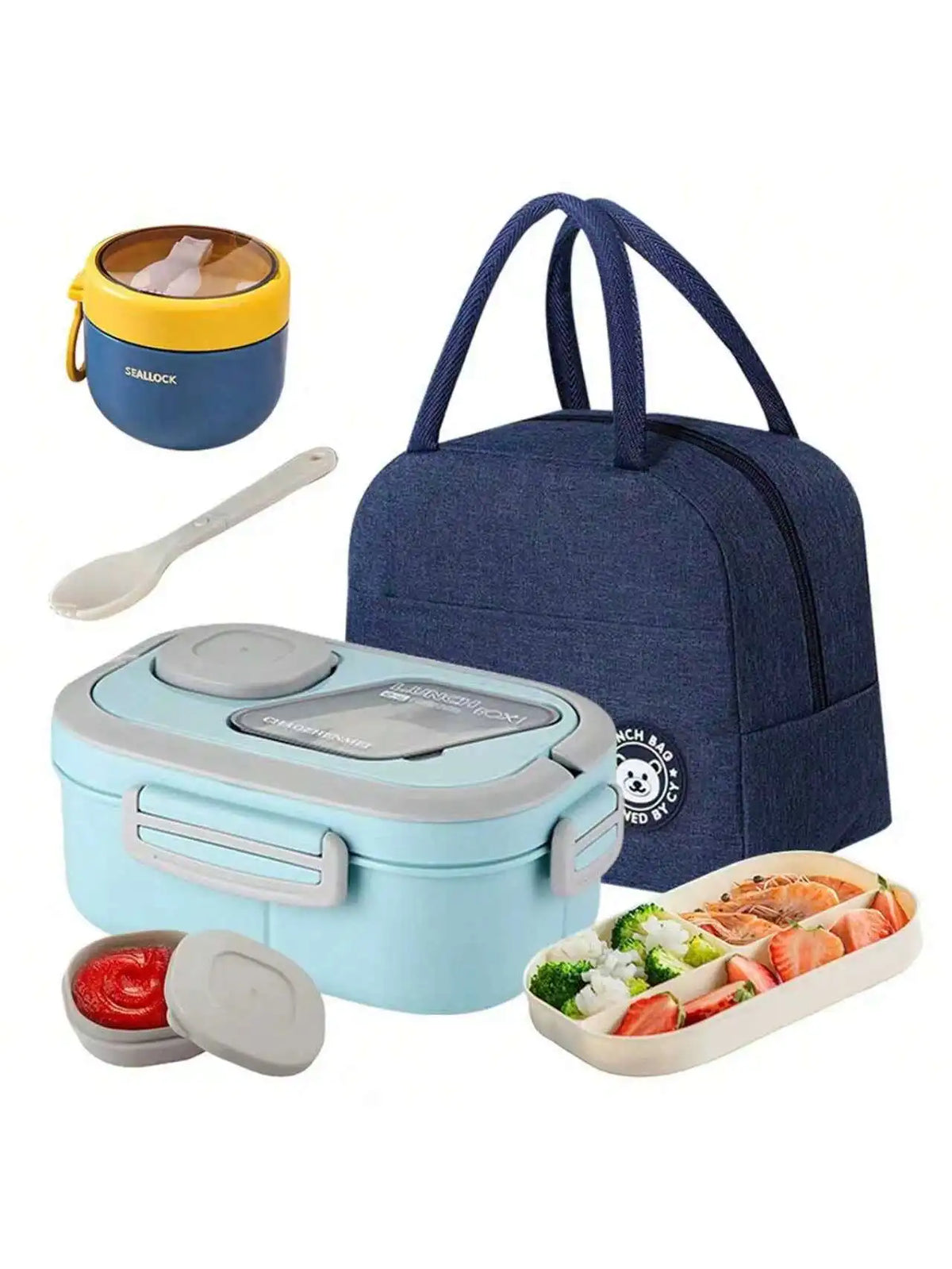 2-Layer Multi-Compartment Lunch Box Set: Lunch Box + Cup + Bag. Includes Cutlery And Sauce Container