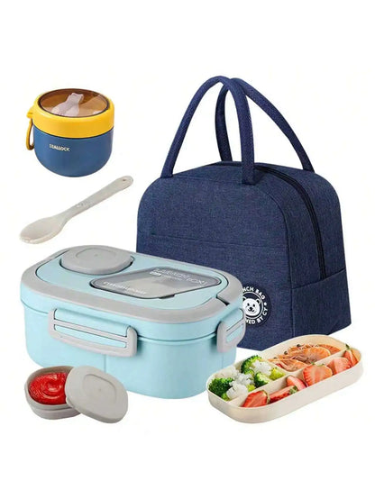 2-Layer Multi-Compartment Lunch Box Set: Lunch Box + Cup + Bag. Includes Cutlery And Sauce Container
