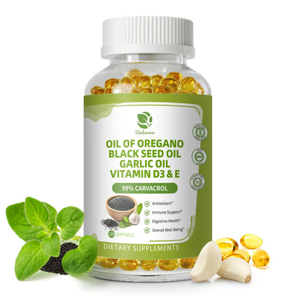 Oregano Oil Capsules with Black Seed Oil,Garlic Oil,Vitamin D3 E for Antioxidant,Immune & Digestive Support Non GMO