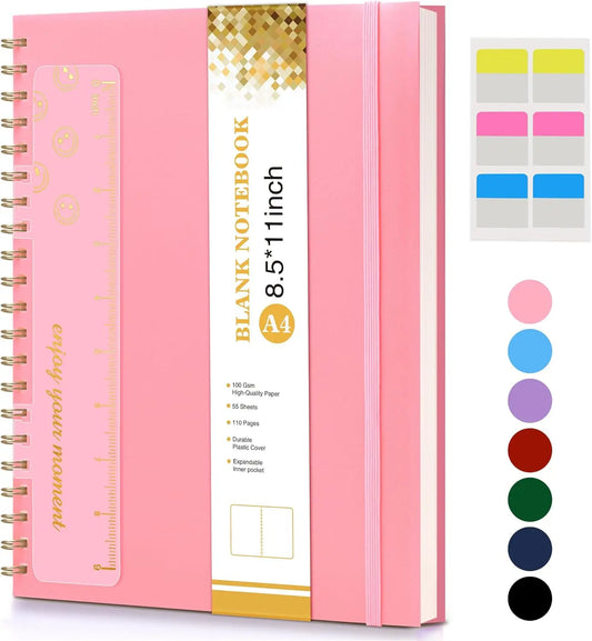 A4 Blank Spiral Notebook 8.5x11 Pink Sketchbook, 100 GSM Thick Paper Drawing Journal for Women Men, Plastic Hardcover