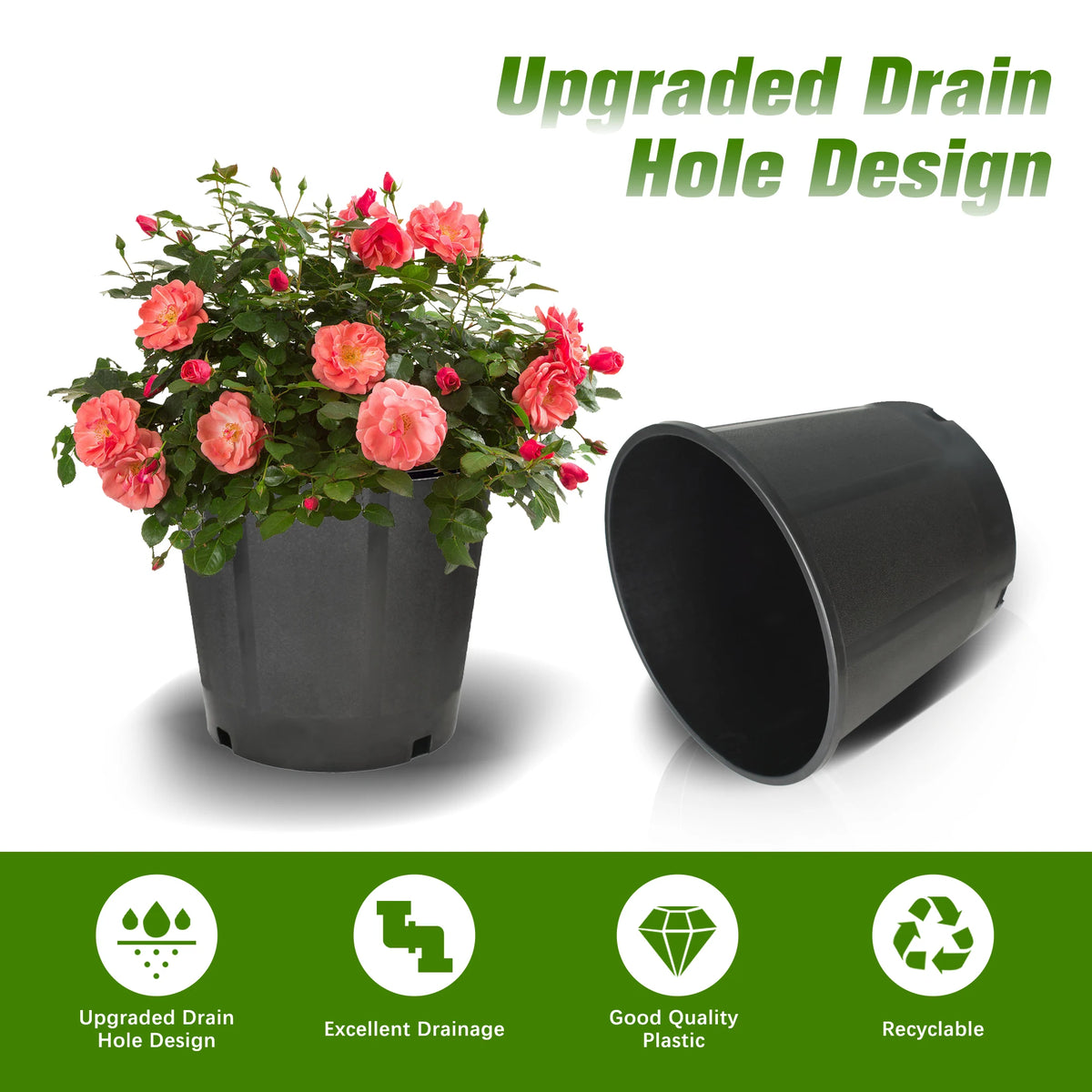 Short Garden Plastic Flower Pots, Seedling Pots, Planting Pots -10 3-Gallon Circular Black Flower Pots for Indoor/Outdoor Plants, W/ Drainage Holes