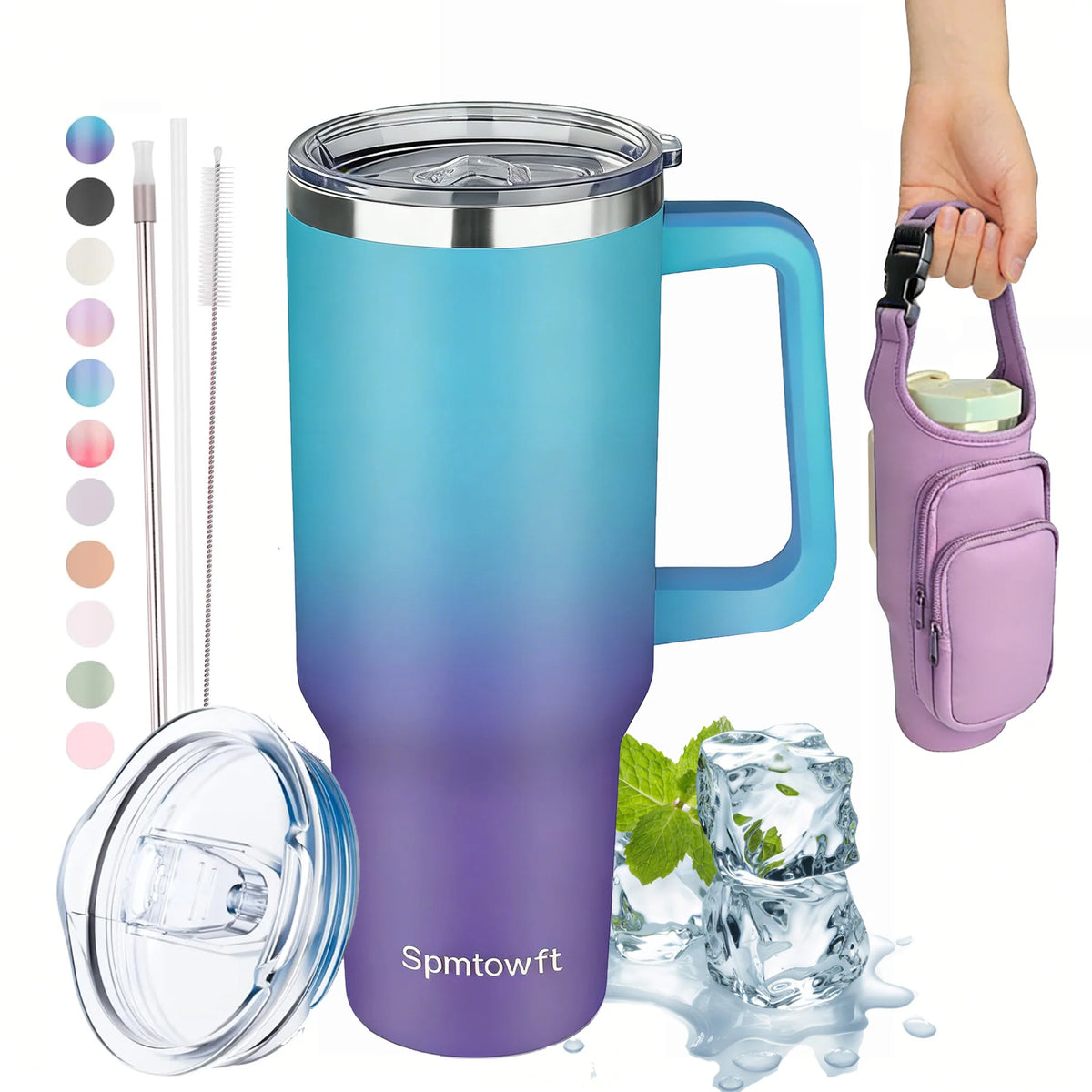 Sports 40oz Tumbler with Handle and 2 Straws, 2in 1 Lid Insulated Water Bottle Stainless Steel for Cold And Hot