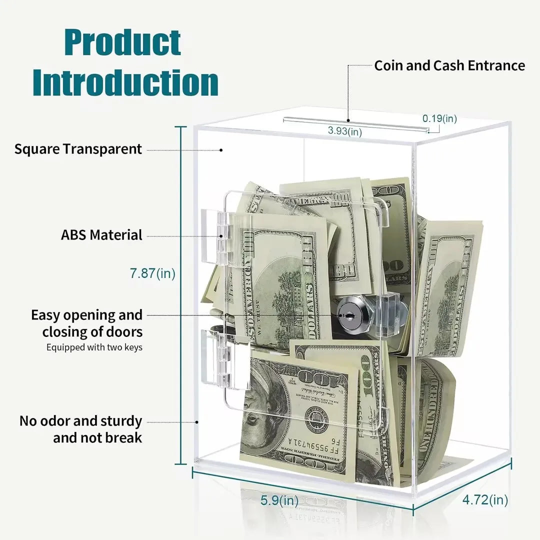 Transparent Acrylic Piggy Bank, Large Capacity, Sturdy and Durable, Cash Coin Piggy Bank with Key Function