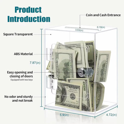 Transparent Acrylic Piggy Bank, Large Capacity, Sturdy and Durable, Cash Coin Piggy Bank with Key Function