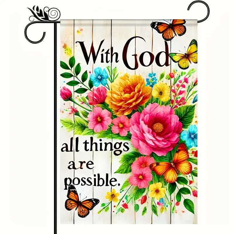 God Garden Flag, Suitable For Gardens, Lawns, Linen Imitation Wood-Patterned Flower, Home Decoration