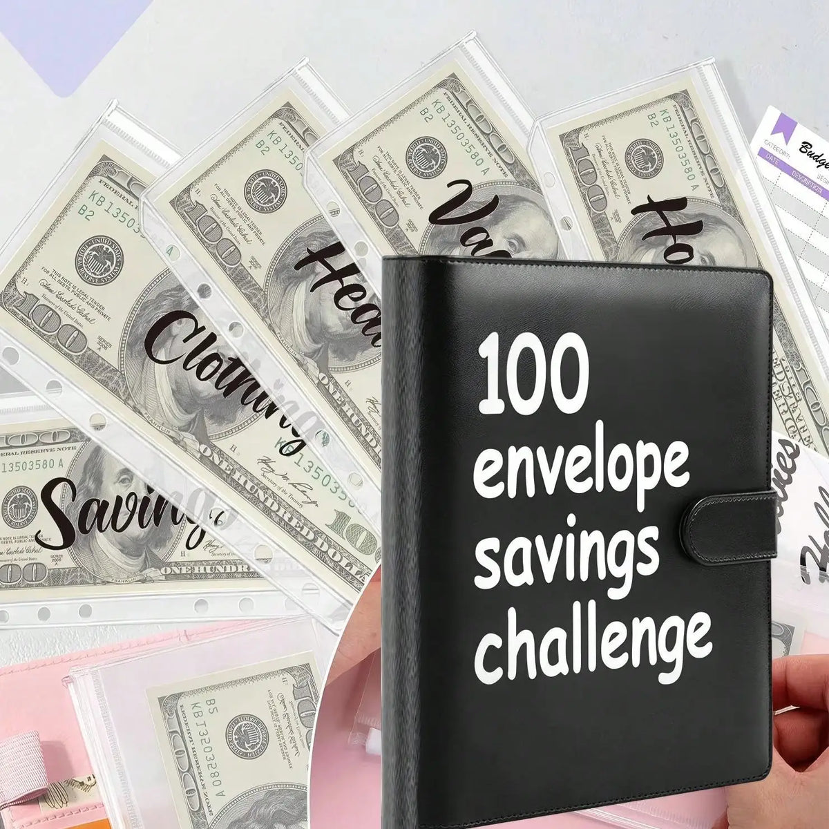 100 Envelope Savings Challenge Binder, Book with Envelopes, Leather, Cash Envelope Wallet for Budgeting & Financial Planning