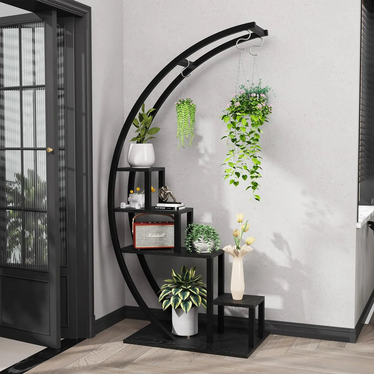 Heavy Duty 5-Tier Half Moon Metal Plant Stand With Hanging Hooks Rustproof Tall Rack W/ Multiple Space-Saving Flower Pot Shelf Display Stand For Indoor Outdoor