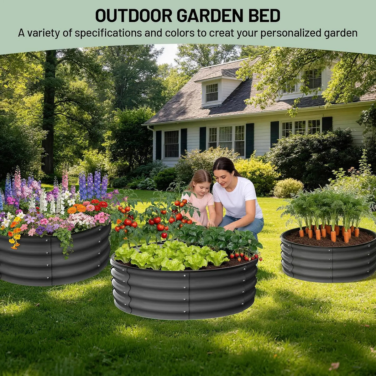 2Pcs, 2x2x1 FT Round Raised Garden Bed, Galvanized Garden Beds, Metal Planter with Gloves and Rubber Edge Trim, for Vegetables, Flowers and Herbs