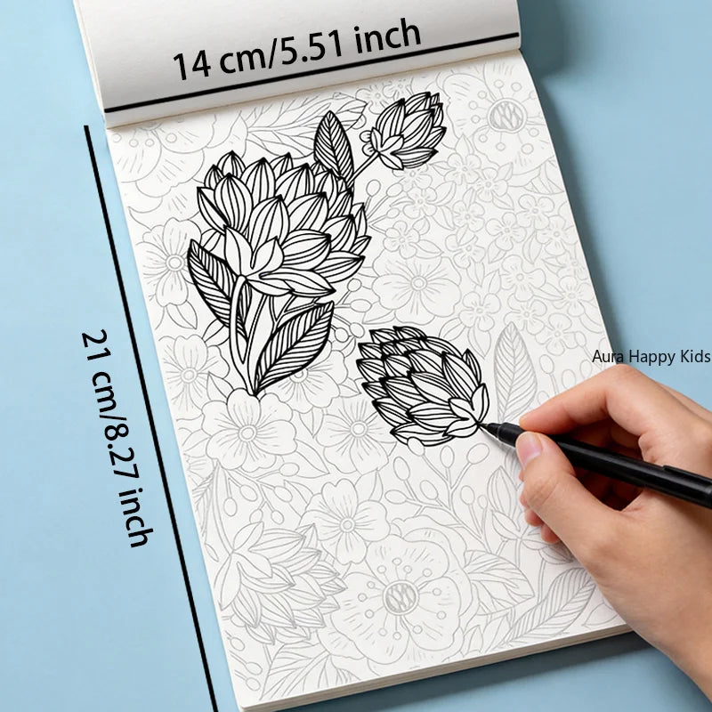 24 Page Adult Themed Coloring and Tracing Book, Featuring Symmetrical Flower Leaves, Mandalas, Space, Flowers, and Other Themes
