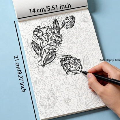 24 Page Adult Themed Coloring and Tracing Book, Featuring Symmetrical Flower Leaves, Mandalas, Space, Flowers, and Other Themes